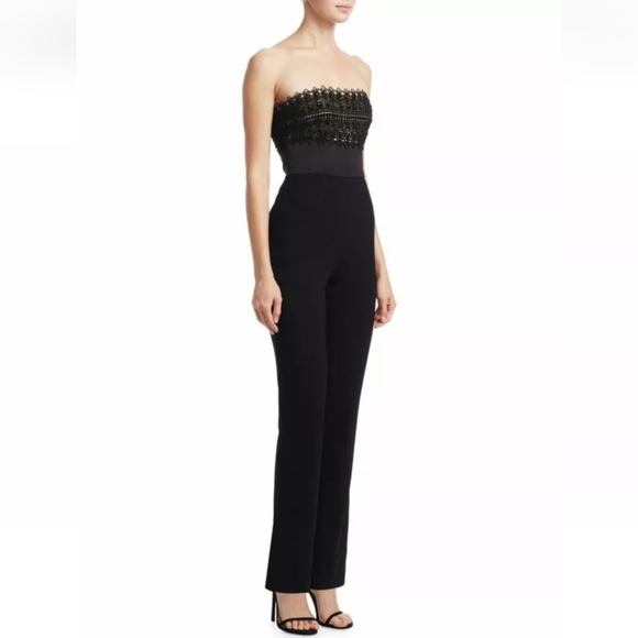 Monique Lhuillier ML Black Beaded Sequin Lace Strapless Evening Jumpsuit - Picture 1 of 13